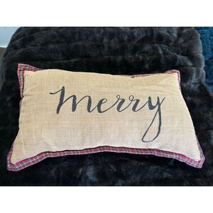 Newport Holiday Christmas Merry Decorative Pillow Burlap Plaid Down Filled 20X14